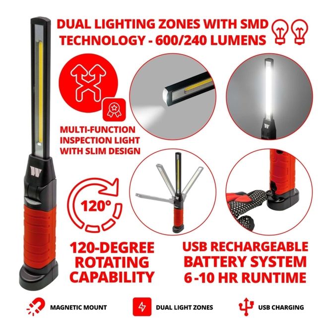 Hovedbilde Oppladbar arbeidslampe slim modell rød med flere funksjoner 793-WW